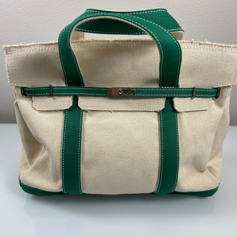 Sunwin Boatkin Style Women Large Cream Green Canvas Tote Bag NWOT Nautical